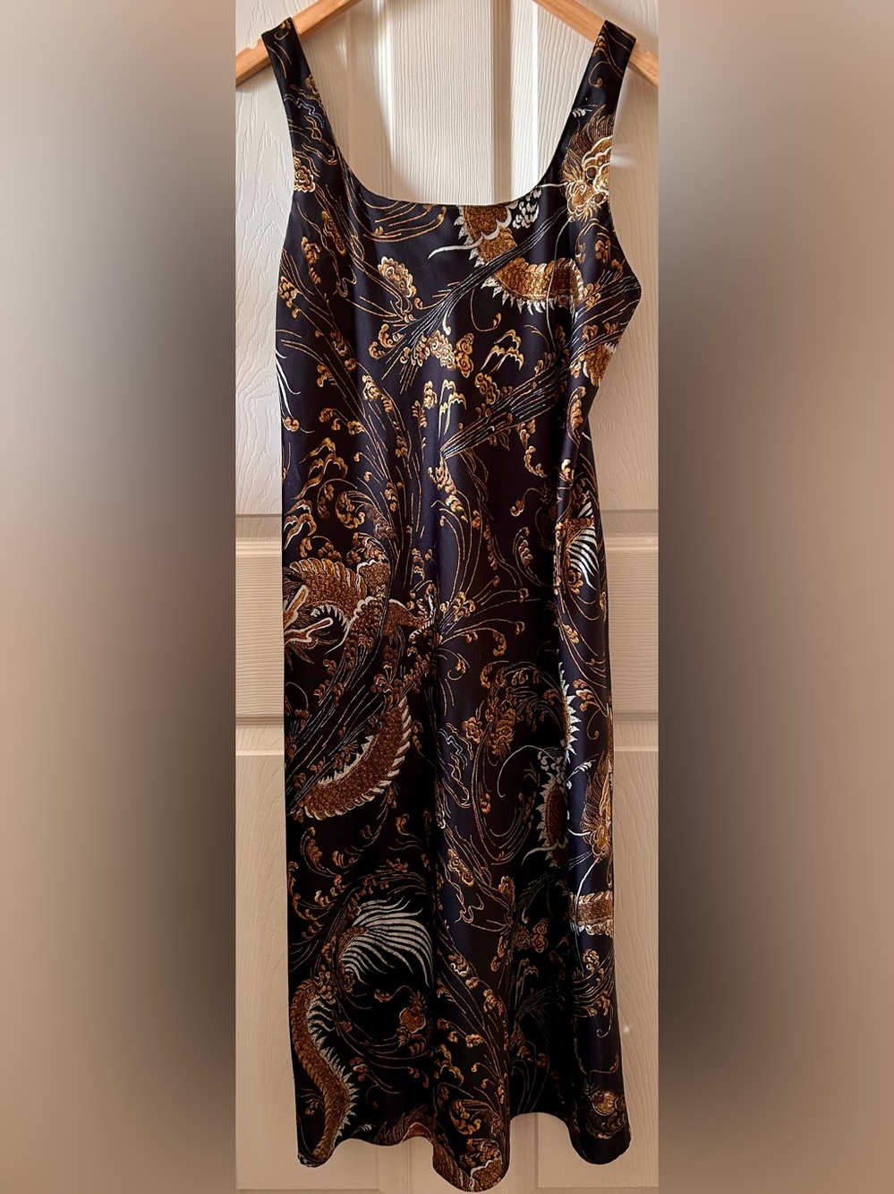 Natori Black Gold Exotic Golden Dragon Satin Chemise Slip Dress Sz L Boho-Chic